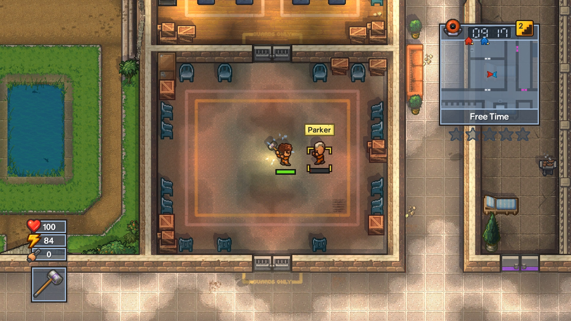Best mobile strategy games: The Escapists 2. Image shows somebody called Parker about to be killed by a hammer. Everything is rendered in a isometric pixel style.