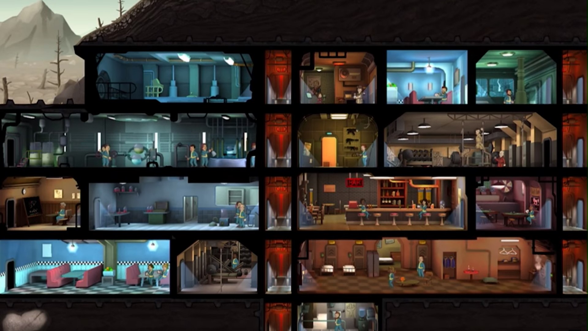 Beste mobiele strategiespellen: Fallout Shelter. Afbeelding toont een fallout -schuilplaats met veel kamers en mensen erin