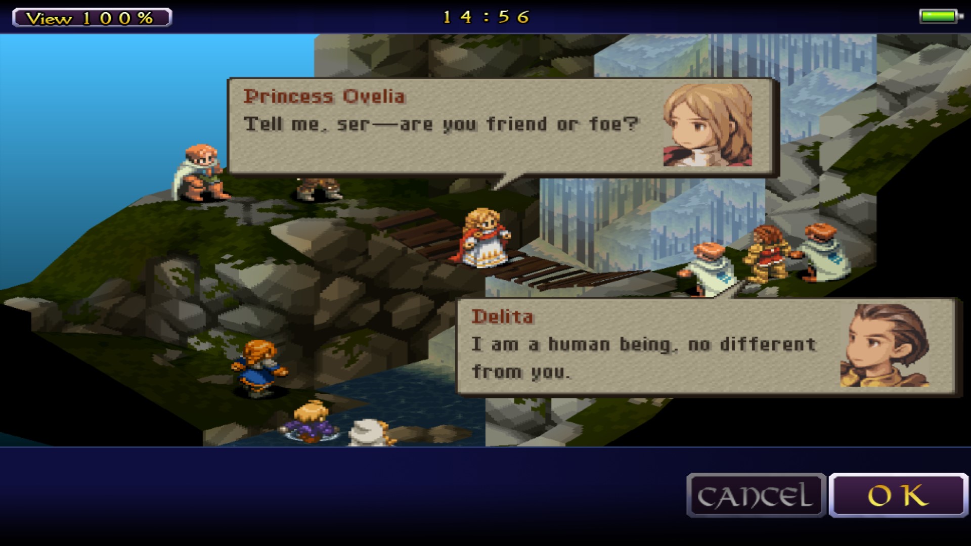 Beste mobiele strategiespellen: Final Fantasy Tactics: War of the Lions. Personages staan ​​rond een watervalbrug. Het personage Princess Oprelia zegt