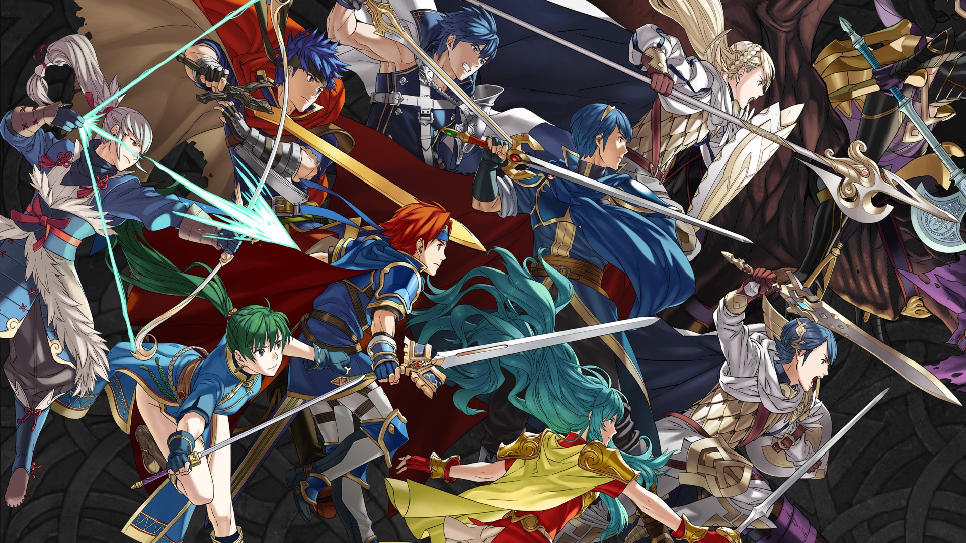 Best mobile strategy games: Fire Emblem Heroes. Image shows a huge group of Fire Emblem characters leaping through the air with their weapons ready.