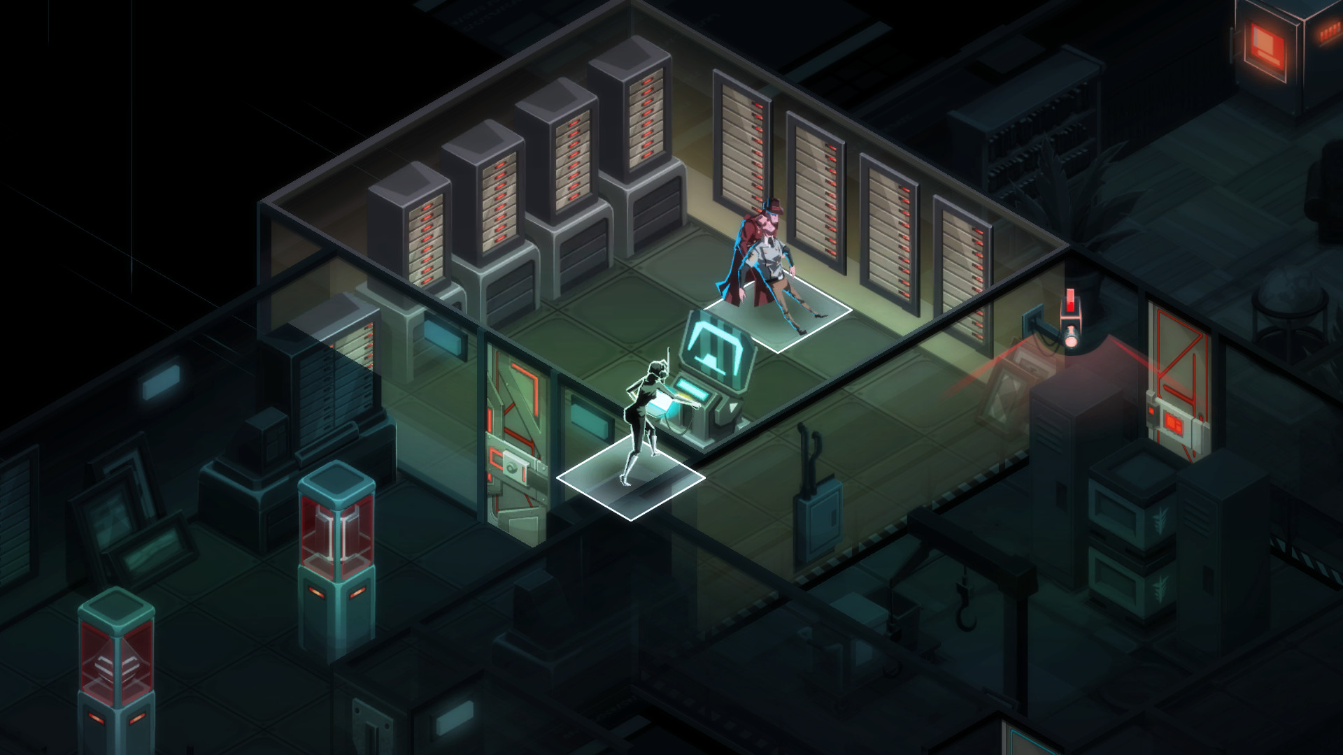Trò chơi chiến lược di động tốt nhất: Hình ảnh Invisible Inc. cho thấy một nhân vật sử dụng thiết bị đầu cuối máy tính trong một cơ sở tối