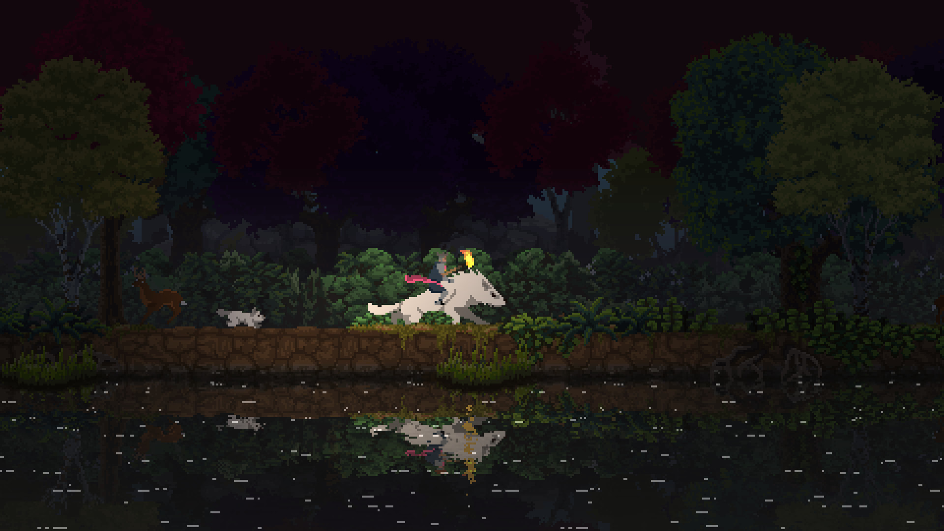 Trò chơi chiến lược di động tốt nhất: Vương quốc hai vương miện. Hình ảnh cho thấy ai đó cưỡi một con sói gần một dòng sông, với một con lợn không xa phía sau, tất cả được thể hiện theo phong cách nghệ thuật pixel