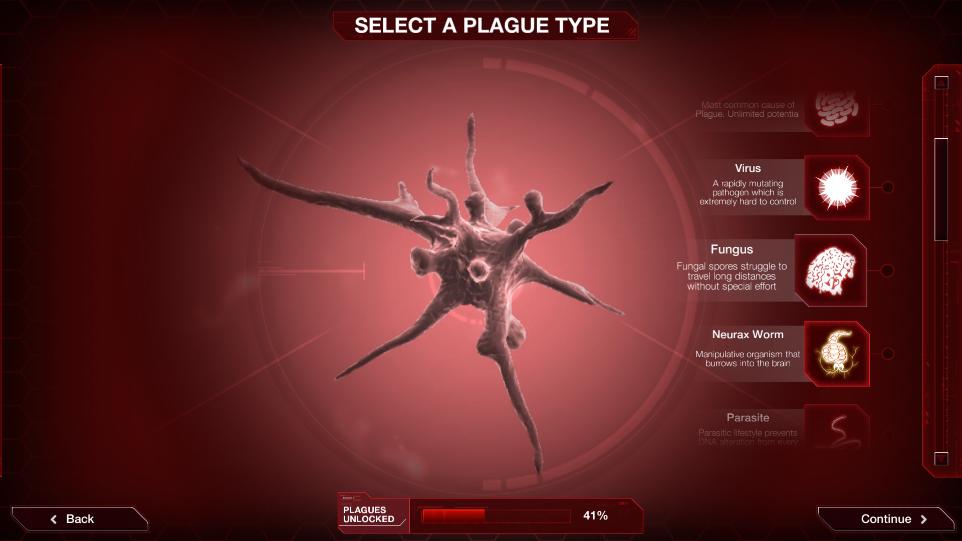Los mejores juegos de estrategia móvil: la imagen de Plague Inc. muestra una selección de diferentes plagas, incluidas virales, fúngicos, wormes neurox y parásitos