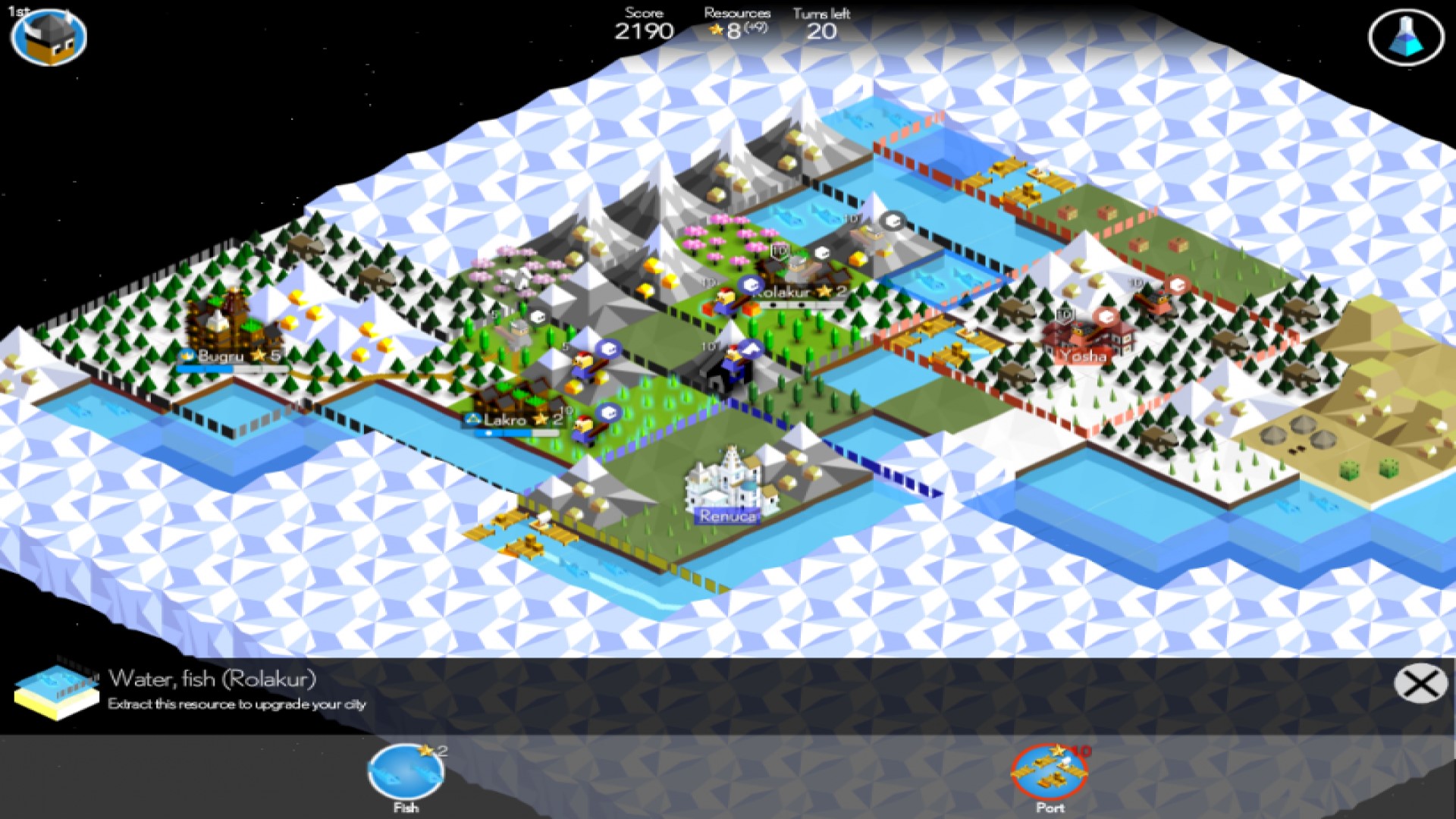 Trò chơi chiến lược di động tốt nhất: Polytopia. Hình ảnh cho thấy một bản đồ đầy màu sắc của những ngọn núi tuyết và nông thôn