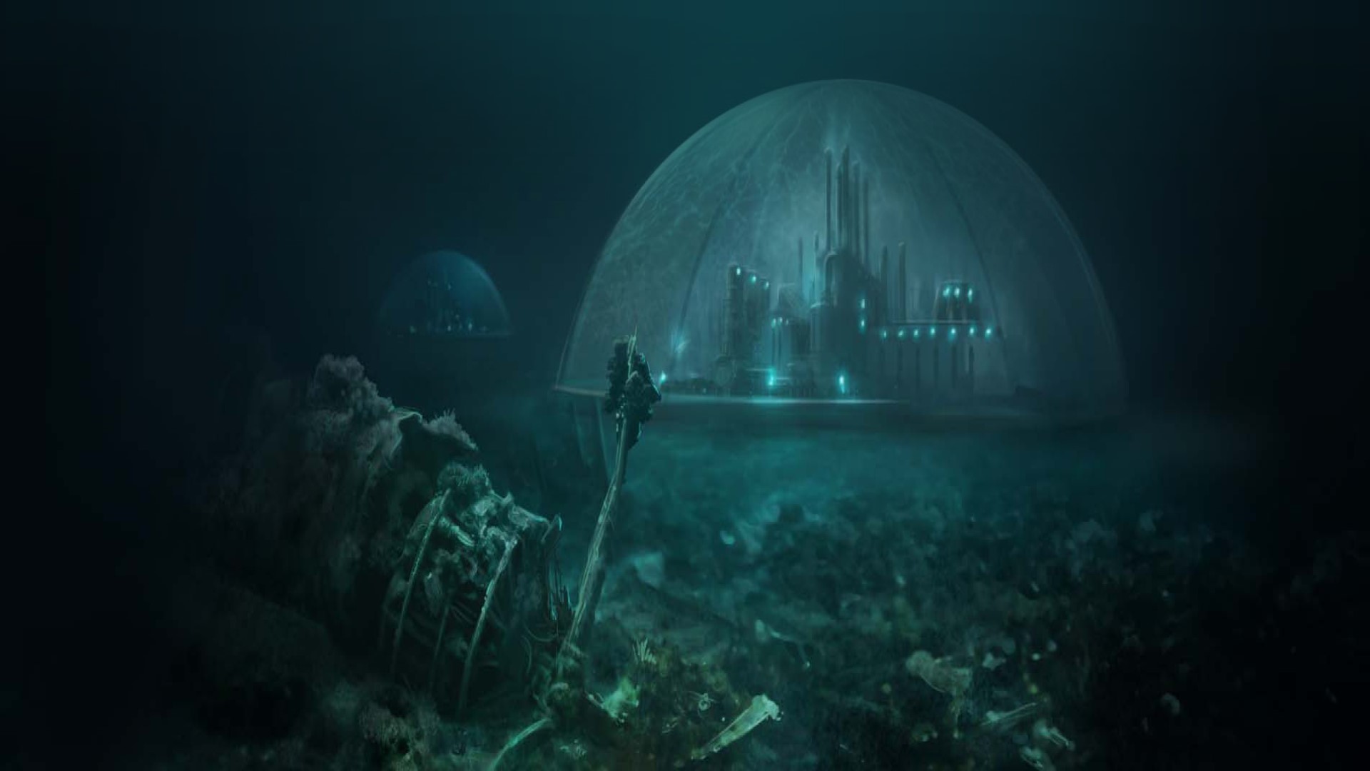 Beste mobiele strategiespellen: Suberfuge. Afbeelding toont een stad in een koepel onder de zee