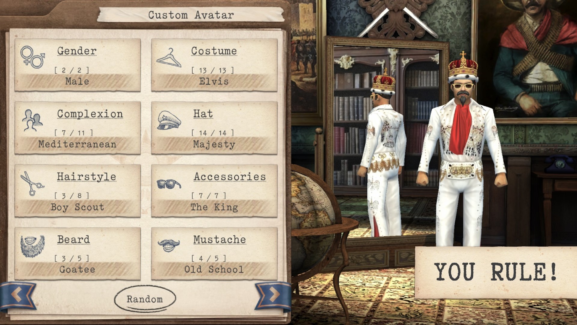 Best mobile strategy games: Tropico. Image shows a man dressed as Elvis Presley and wearing a crown on a character creation screen.