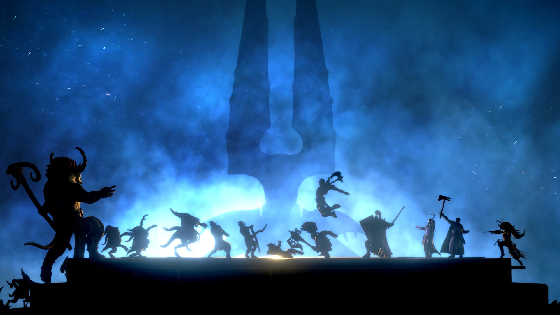 Beste Mobile Strategy Games: Warhammer Quest: Silver Tower. Afbeelding toont de contouren van een aantal krijgers en monsters in het donker