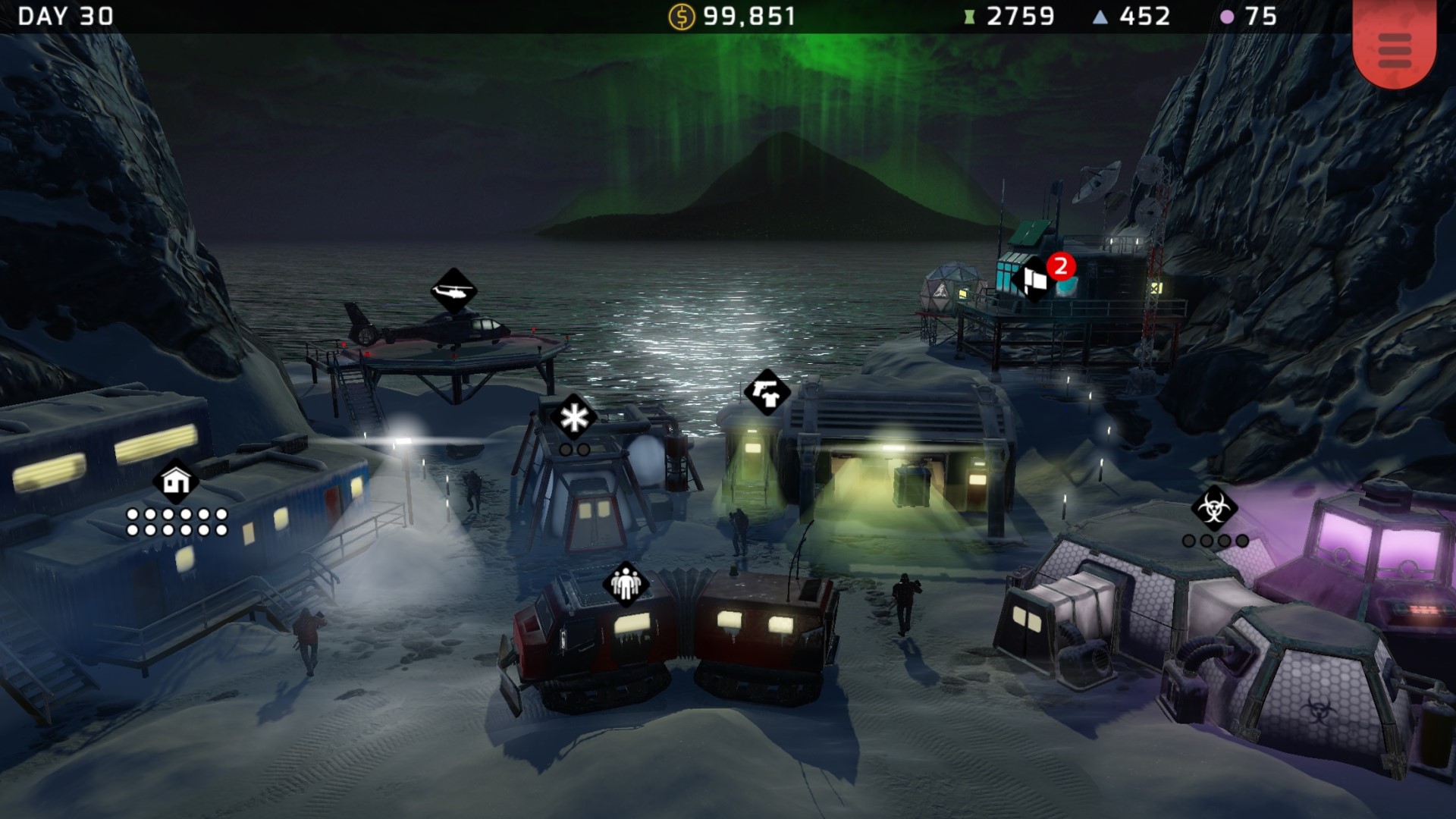 Los mejores juegos de estrategia móvil: Xenowerk Tactics. La imagen muestra una selección de vehículos militares sentados junto al océano por la noche