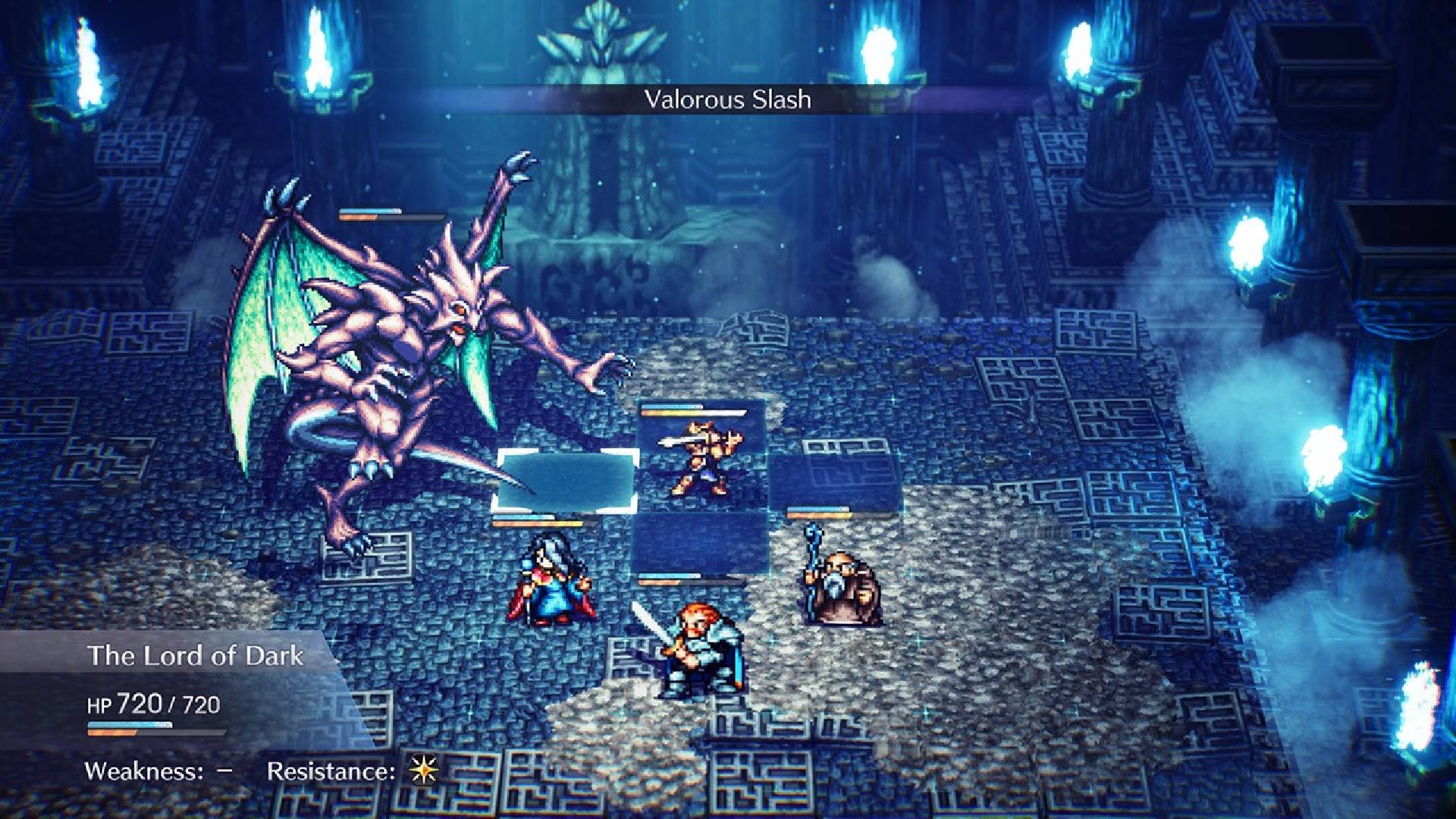 Best Switch games: a pixelated screenshot from the RPG Live A Live shows a dungeon, with four players attacking a purple demon with horns 