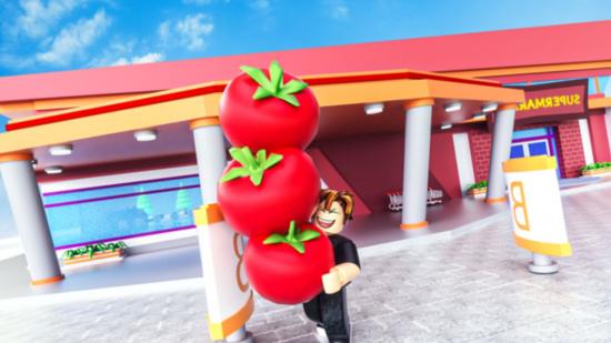 A Roblox character (sort of like a Lego or Playmobil figure), carrying three massive tomatoes in a tower, as he walks away from a building with an orange roof and pillars supporting a roof over the outdoor section, in art for Build a Market.