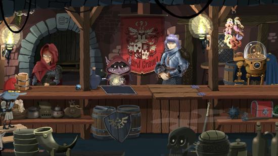 Screenshot of one of the tavers from Card Crawl Adventure with a knight, a vampire, a robot, and others at the bar
