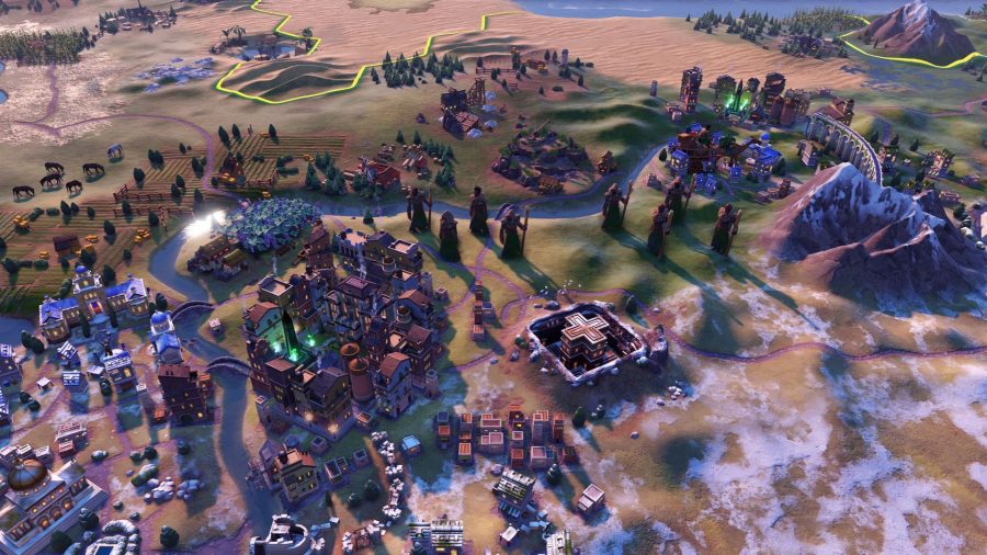 A picture of a map in a game of Civilization 6. The map is made of hexagonal tiles and has different things like grass, sand, and snow covering it. On top are various buildings and characters that are not to scale, appearing much bigger than they would in real life. It looks like a hyper-realistic board game.
