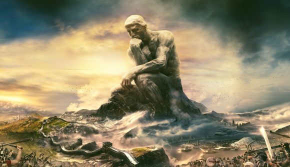 A massive stone statue of a man with a hand under his chin (like The Thinker), carved into a mountain. Below, tiny, there's the wall of china, waves of ocean, and two opposing forces ready to clash. The sky is golden and rich, below is brutal and messy.