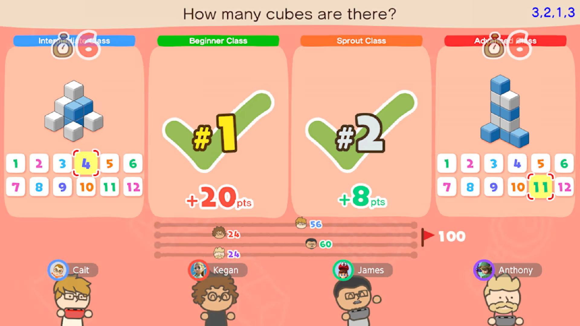 Cool math games: a four player game is shown, where everyone must count the amount of cubes that make up a shape