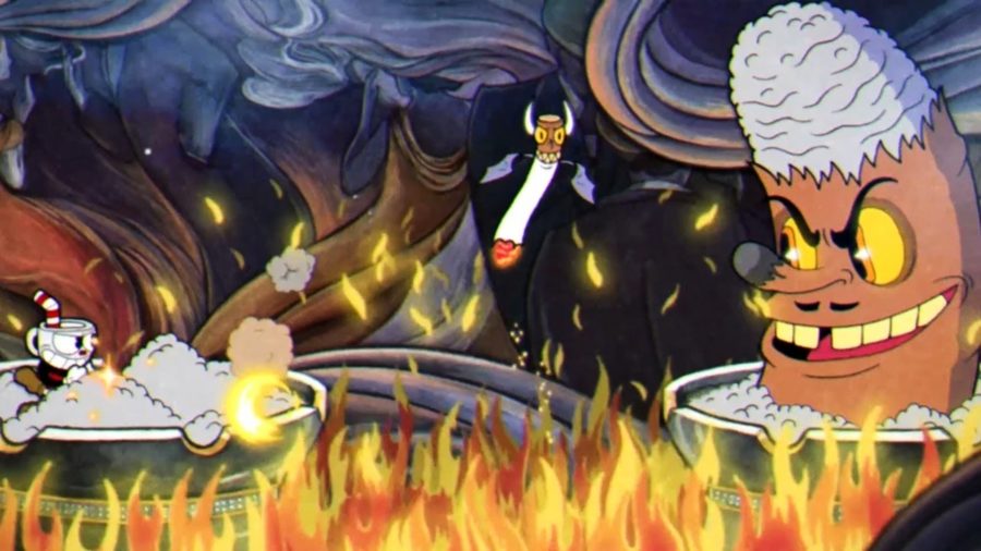 Cuphead 2 release date - Cuphead in a cigarette tray above fire while a cigar throws things at him