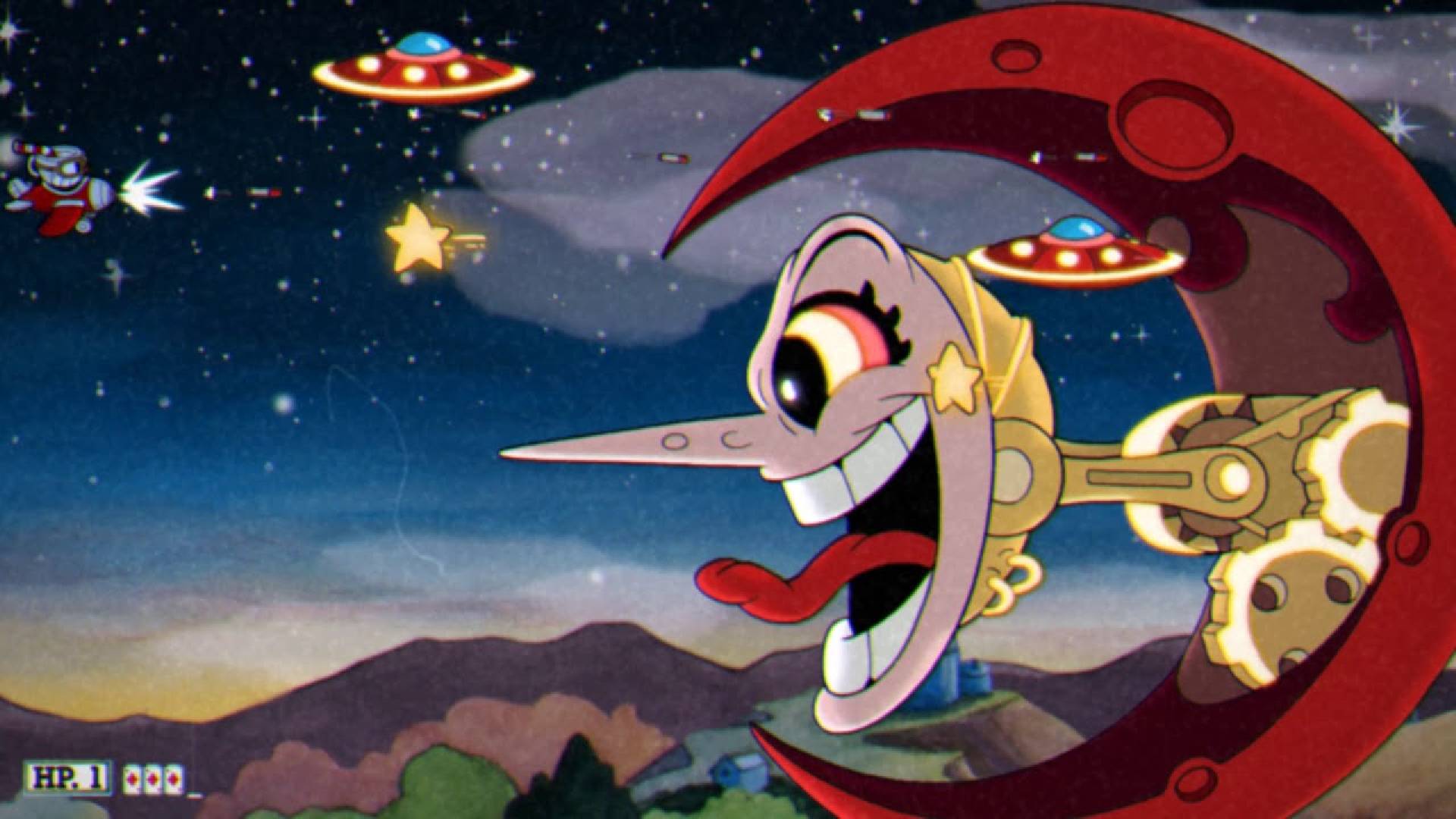 컵헤드 보스: 비행기에 탄 작은 빨간 컵맨이 달 모양의 커다란 기계 아가씨를 공격합니다.