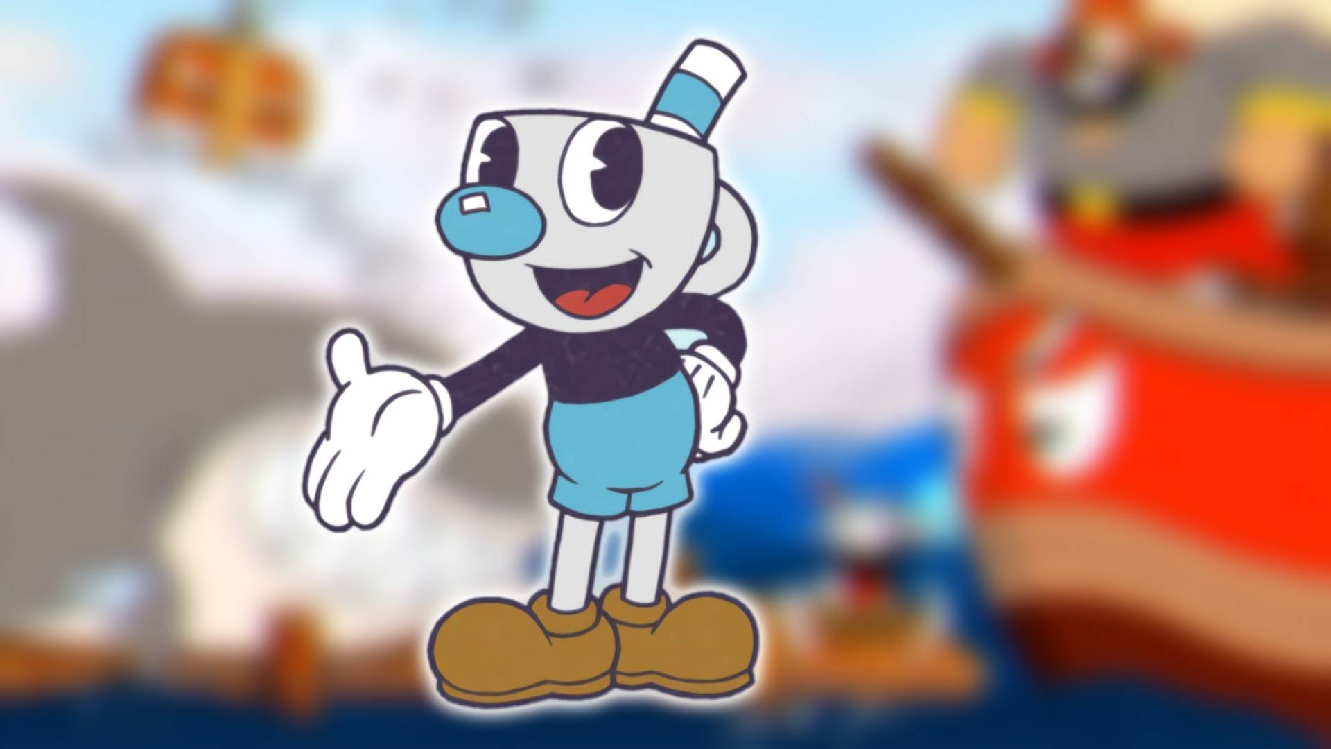 Cuphead characters: a cartoon character with a mug for a head and dressed in blue is visible