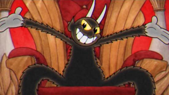 Cuphead's Devil sat in his throne chair with a smirk on his face and his arms stretched out in a 'welcome to my humble abode' manner