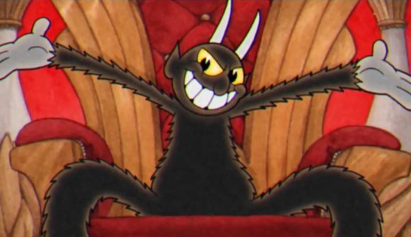 Cuphead's Devil sat in his throne chair with a smirk on his face and his arms stretched out in a 'welcome to my humble abode' manner