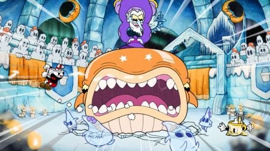 Cuphead download - Cuphead attacking an angry orange whale while Ms Chalice ducks in the corner