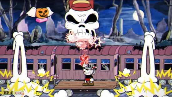 Cuphead download - Cuphead stood in front of a moving train aiming upwards to shoot a large skeleton train conductor