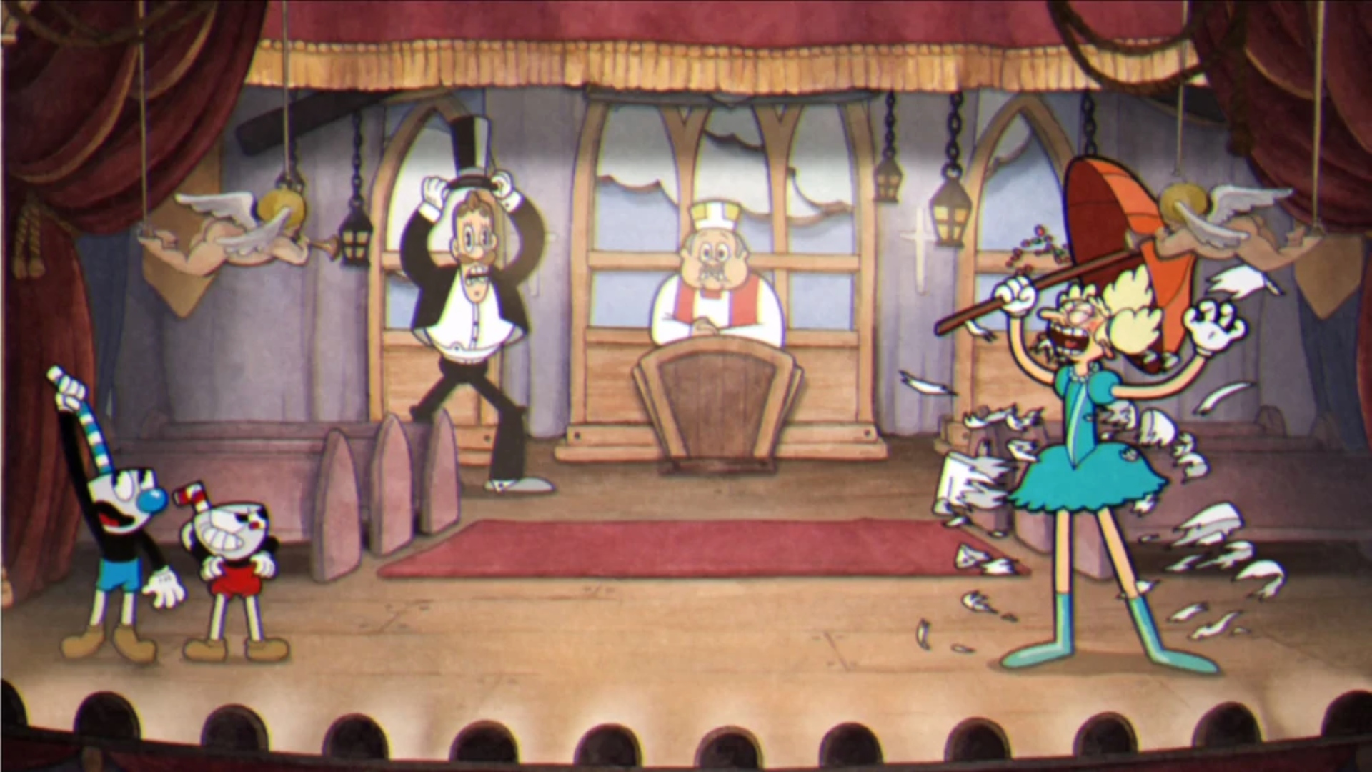 Cuphead Mobile - Cuphead and Mugman in a thatre getting right to fight a blonde-haired boss with an orange umbrella