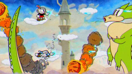 Cuphead mobile - Cuphead and Mugman stood on small clouds facing a dragon in the sky