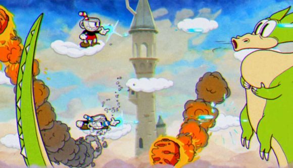 Cuphead mobile - Cuphead and Mugman stood on small clouds facing a dragon in the sky