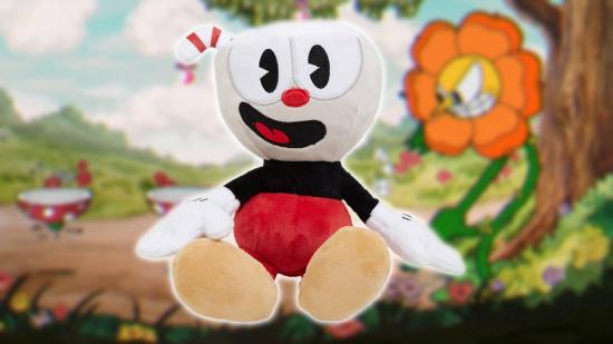 Cuphead plush: a plush figure of the character Cuphead is visible against a background which is a screenshot of the game cuphead