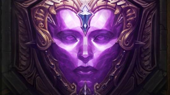 The Diablo Immortal crests logo which is a woman's face in purple with a helmet surrounding the features