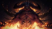 Art for Diablo Immortal showing a large demon enshrouded by fire. They are mostly silhouetted, with just big red eyes glowing and curved horns coming out from either side of their head.