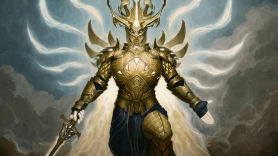 A character from Diablo Immortal, wearing gaudy armour, with white shining strands behind him