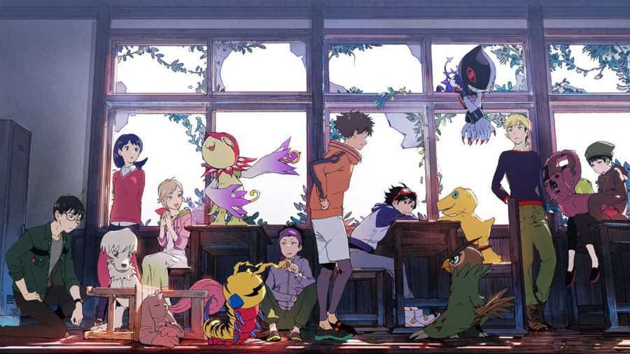 Key art of all the main Digimon Survive characters collected in a small room with ruined windows with their Digimon