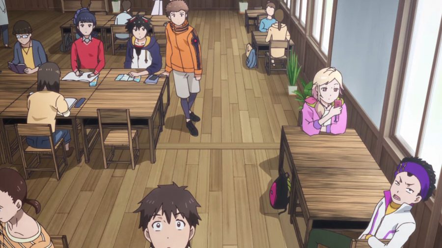 All of the characters from Digimon Survive look up at a screen with faces of concern