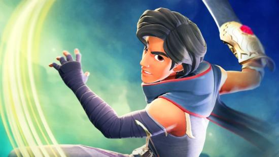 Disney Mirrorverse's Aladdin swinging his sword in front of a blue and green background with a serious look on his face