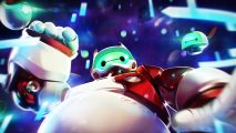 Baymax in front of a spacey backdrop with his first raise as he celebrates the announcement of Disney Mirrorverse Anger and Baymax figures
