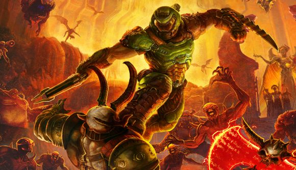 Cover art for Doom Eternal physical edition which shows the doomslayer leaping into battle against a demon