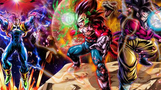 Dragon Ball Legends codes: key art shows SSJ4 Goke and Vegeta, powering up moves while SSJ4 Vegeta Baby is in the background