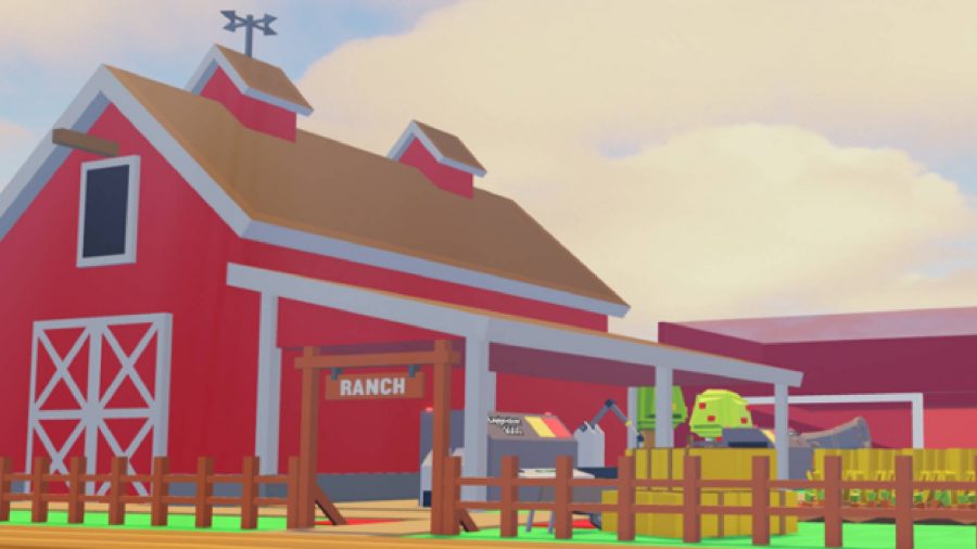 Egg packing tycoon codes: a bright red farm is visible with a brown picket fence surrounding it