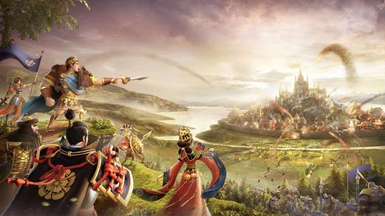 Characters from Era of Conquest look out across a raging battle