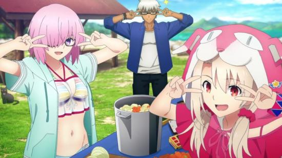 Three Fate Grand Order characters celebrating the season at summer camp with a big pot of food