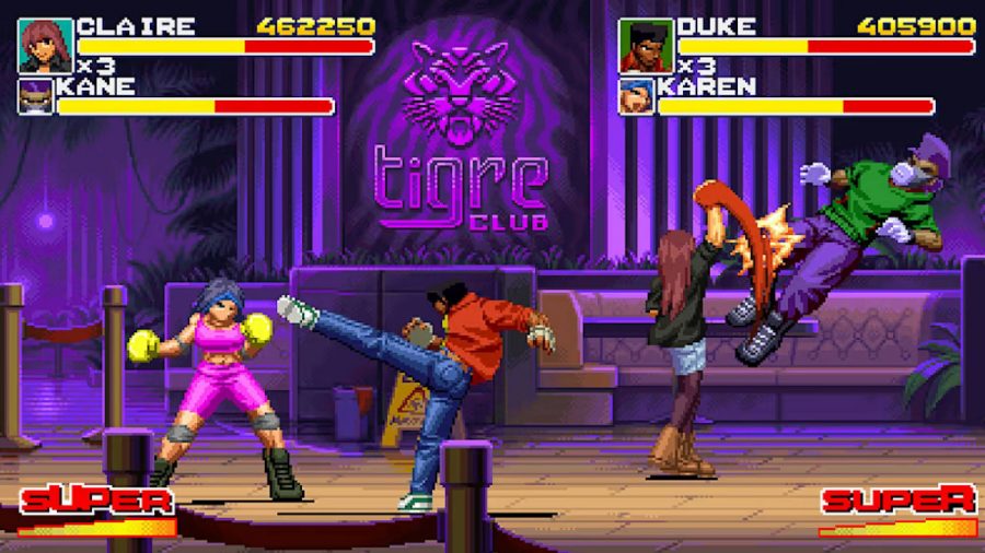 Final Vendetta review: A pixelated scene shows characters fighting off hordes of gang members in the streets, in a style similar to beat-em-ups from the 90s like Streets of Rage