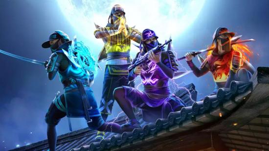 Free Fire redeem codes today - a group of Free Fire characters dressed as ninjas, stood on a rooftop in front of a full moon