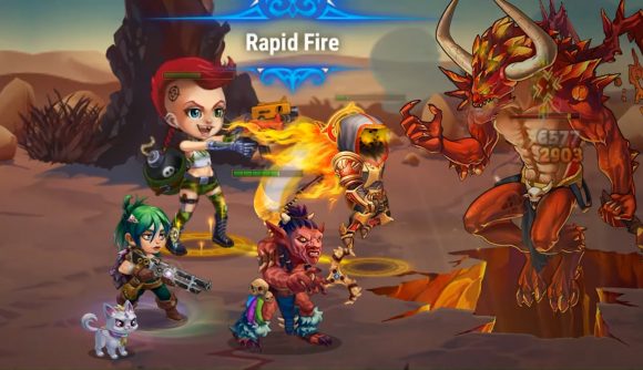 Best idle games: Hero Wars. Image shows a group of heroes fighting against a large demon in the desert. They are casting Rapid Fire, and those words are above them.