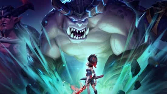 Art for Infinite Magicraid showing a character with a sword, looking up at a large beast with big teeth and glowing horns.