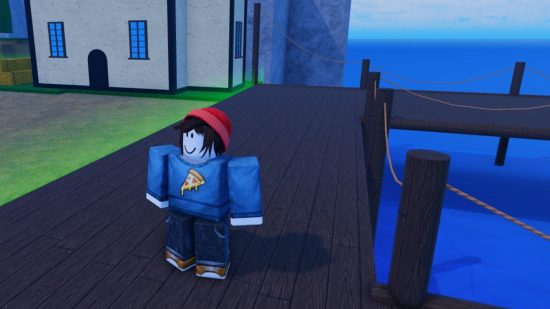 A shot from Juice Pirates, showing a Roblox character by a pier with a house in the background and a patch of grass.