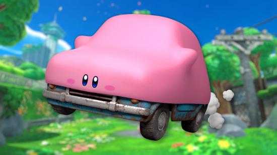 Kirby, a pink ball, stretched over the roof and bonnet of a hatchback, a blue car.