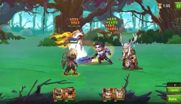 Knight games: Hero Wars. Image shows a battle between heroes and monsters in the forest.