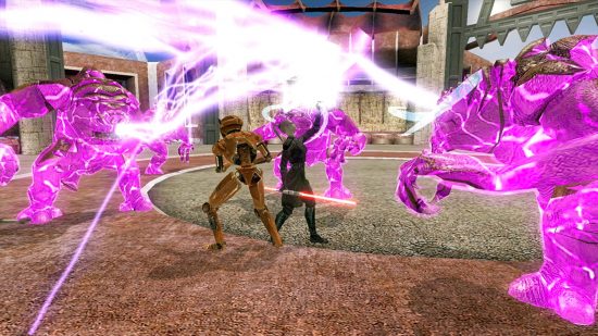Knight games: Star Wars: Knights of the Old Republic. Image shows a fight amidst two people using lightsabres against monsters.