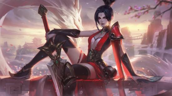League of Legends: Wild Rift Star Guardian's Rivet sitting down in a red outfit with her sword